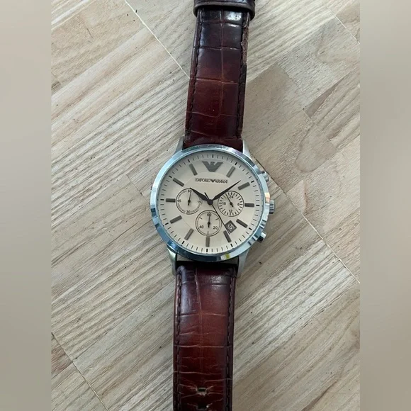 Emporio Armani Chronograph Rare Vintage Men’s Watch Cream Dial Leather Strap